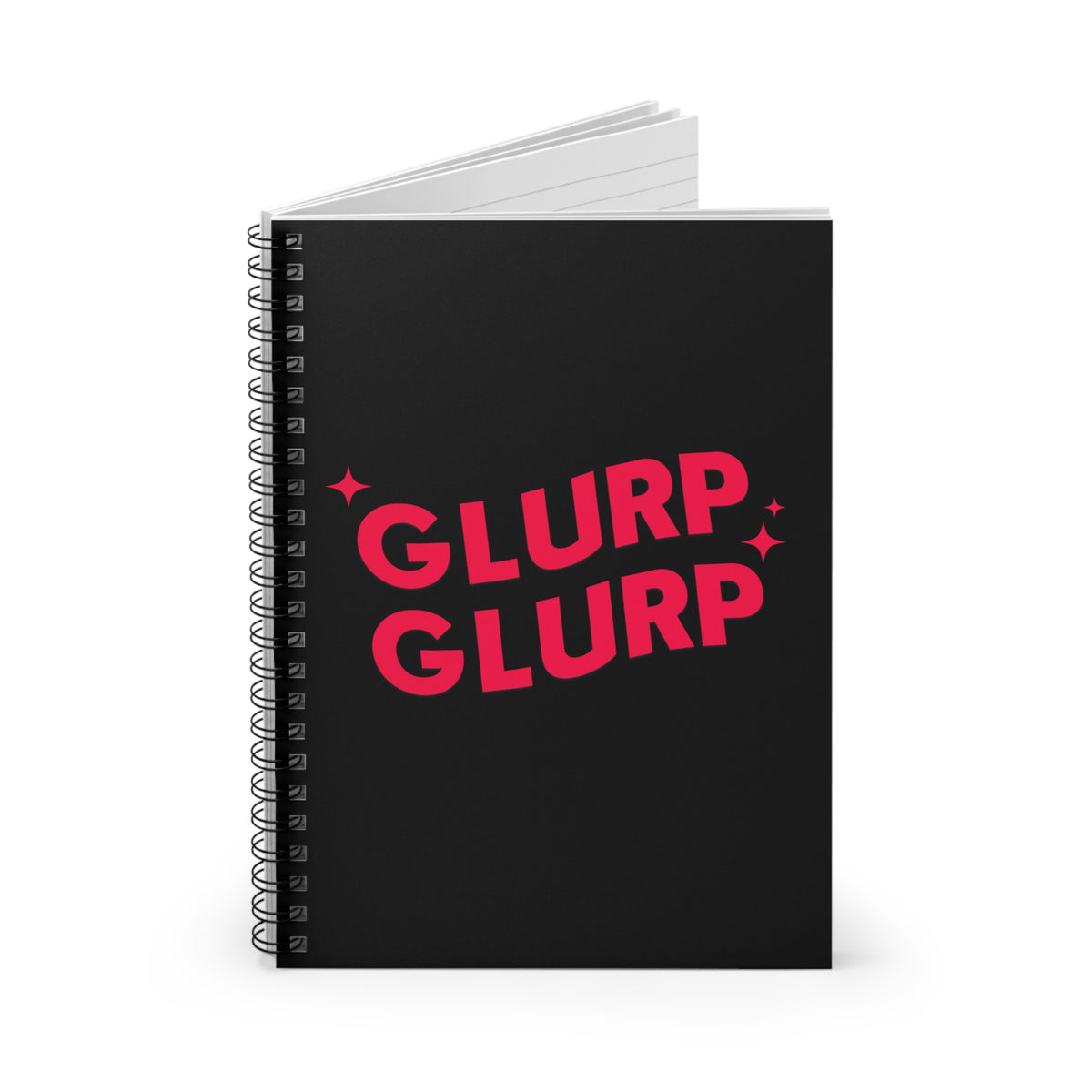A black Dungeon Crawler Carl bookish spiral notebook, it has red text that says "Glurp Glurp" bold with some accent stars. Designed by Starl