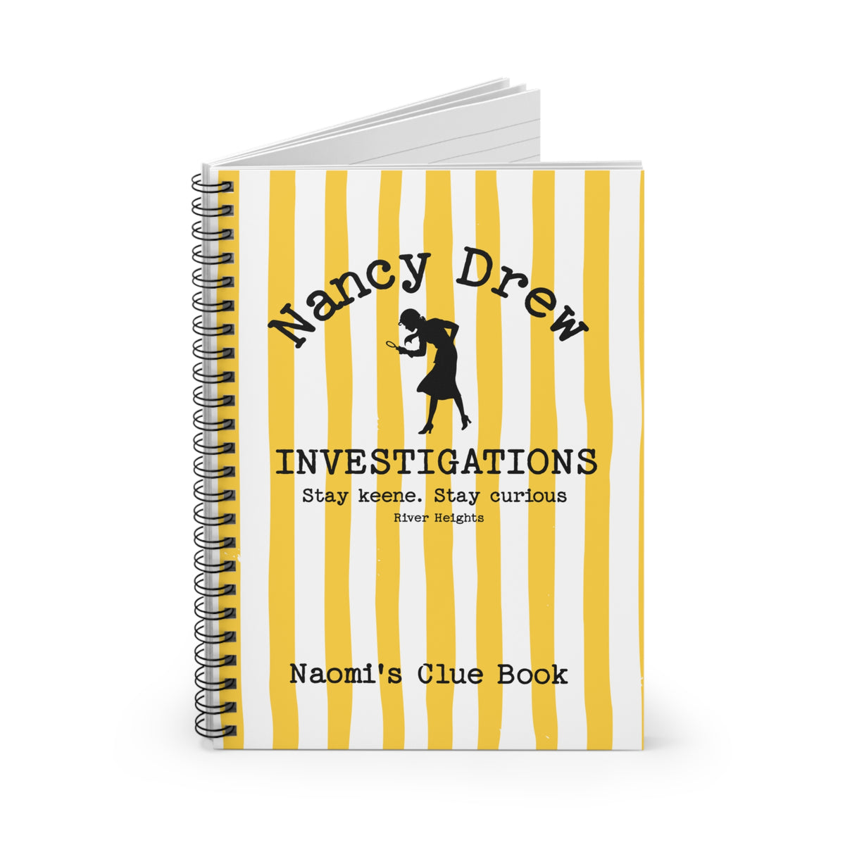 Bookish Notebook design features a cheerful yellow and white striped background with a Nancy Drew Investigations theme and a personalised section where you can add the recipient's name. It includes an icon of Nancy Drew with her magnifying glass. Designed by Starlit Prose Bookish Merch Australia.