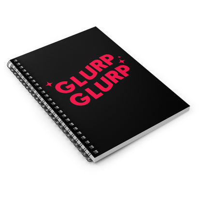 A black Dungeon Crawler Carl bookish spiral notebook, it has red text that says "Glurp Glurp" bold with some accent stars. Designed by Starl