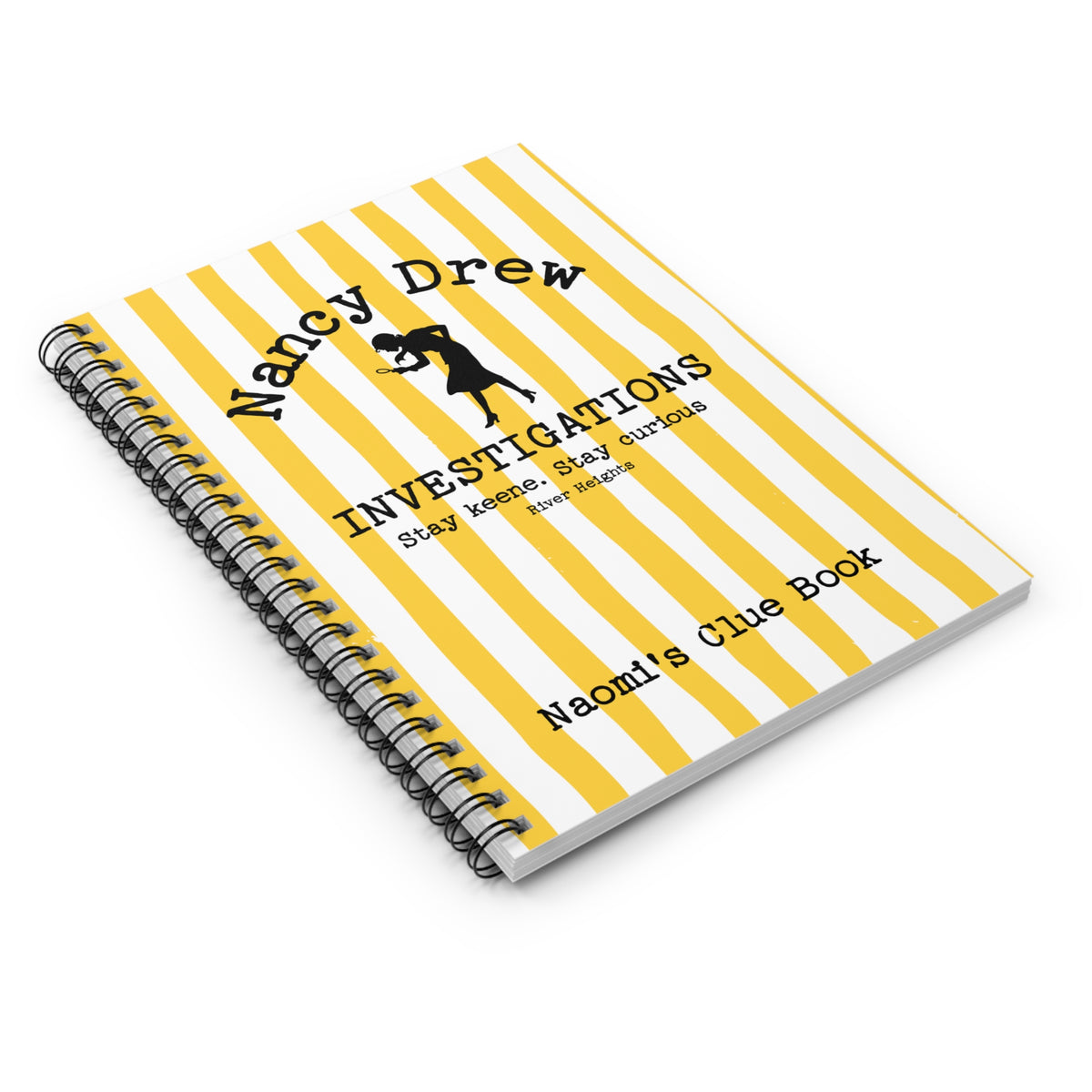 Bookish Notebook design features a cheerful yellow and white striped background with a Nancy Drew Investigations theme and a personalised section where you can add the recipient's name. It includes an icon of Nancy Drew with her magnifying glass. Designed by Starlit Prose Bookish Merch Australia.
