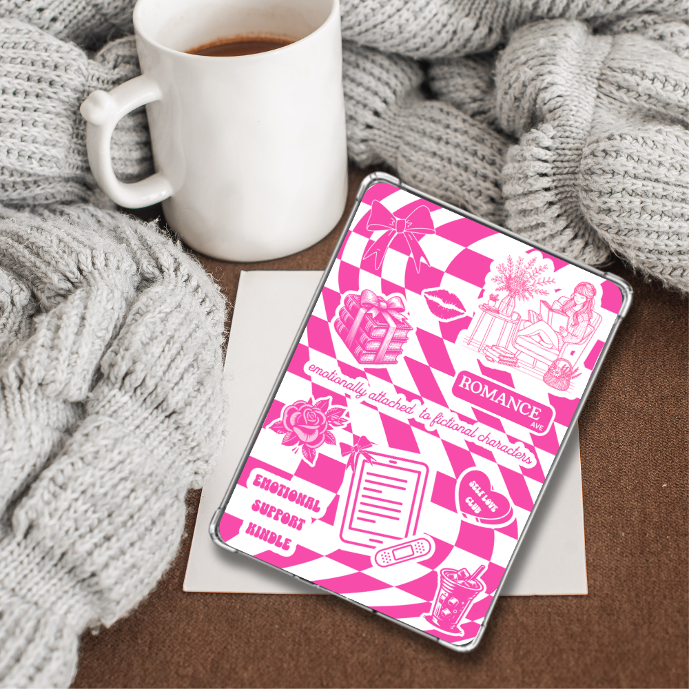 Pink_checkerboard_kindle_insert next to a cup of coffee