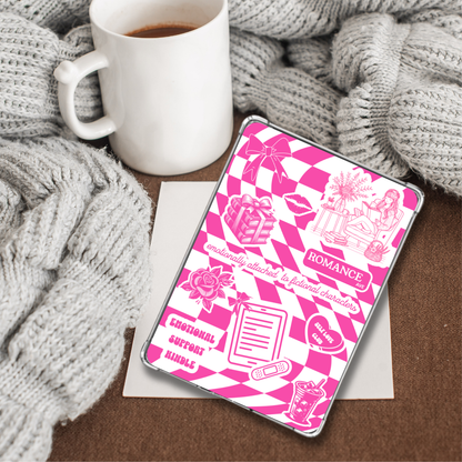 Pink_checkerboard_kindle_insert next to a cup of coffee