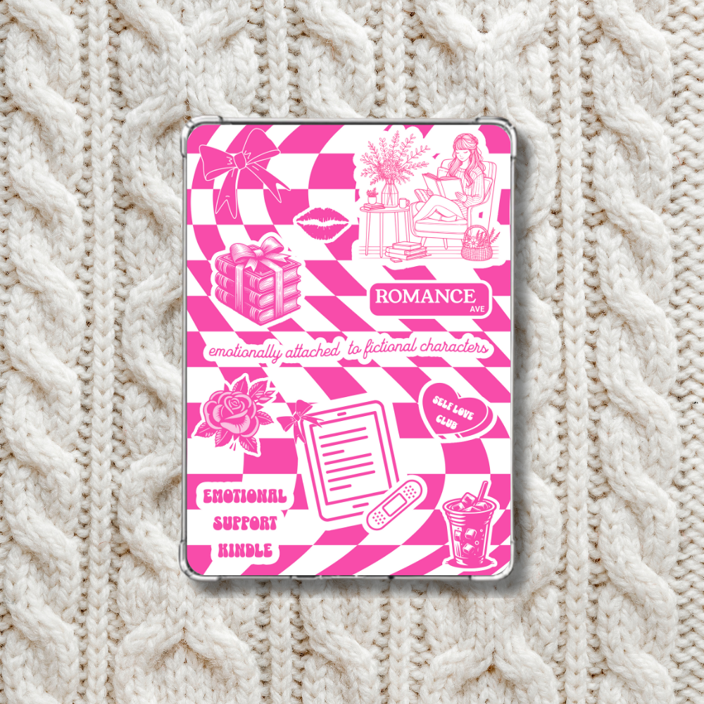 Pink checkerboard kindle insert on white knitted blanket