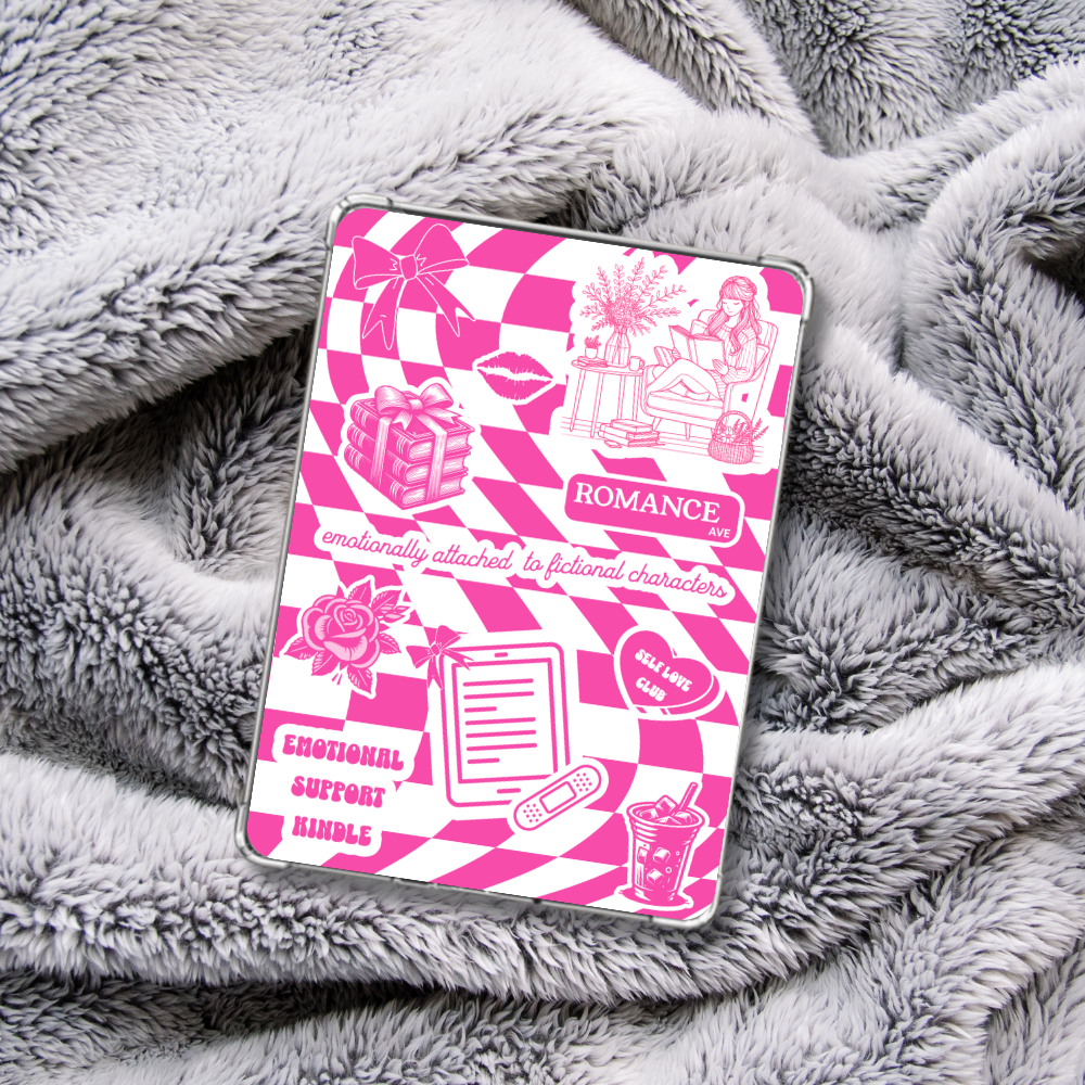 Pink checkered Kindle Insert for Clear Case on a grey blanket