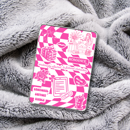 Pink checkered Kindle Insert for Clear Case on a grey blanket