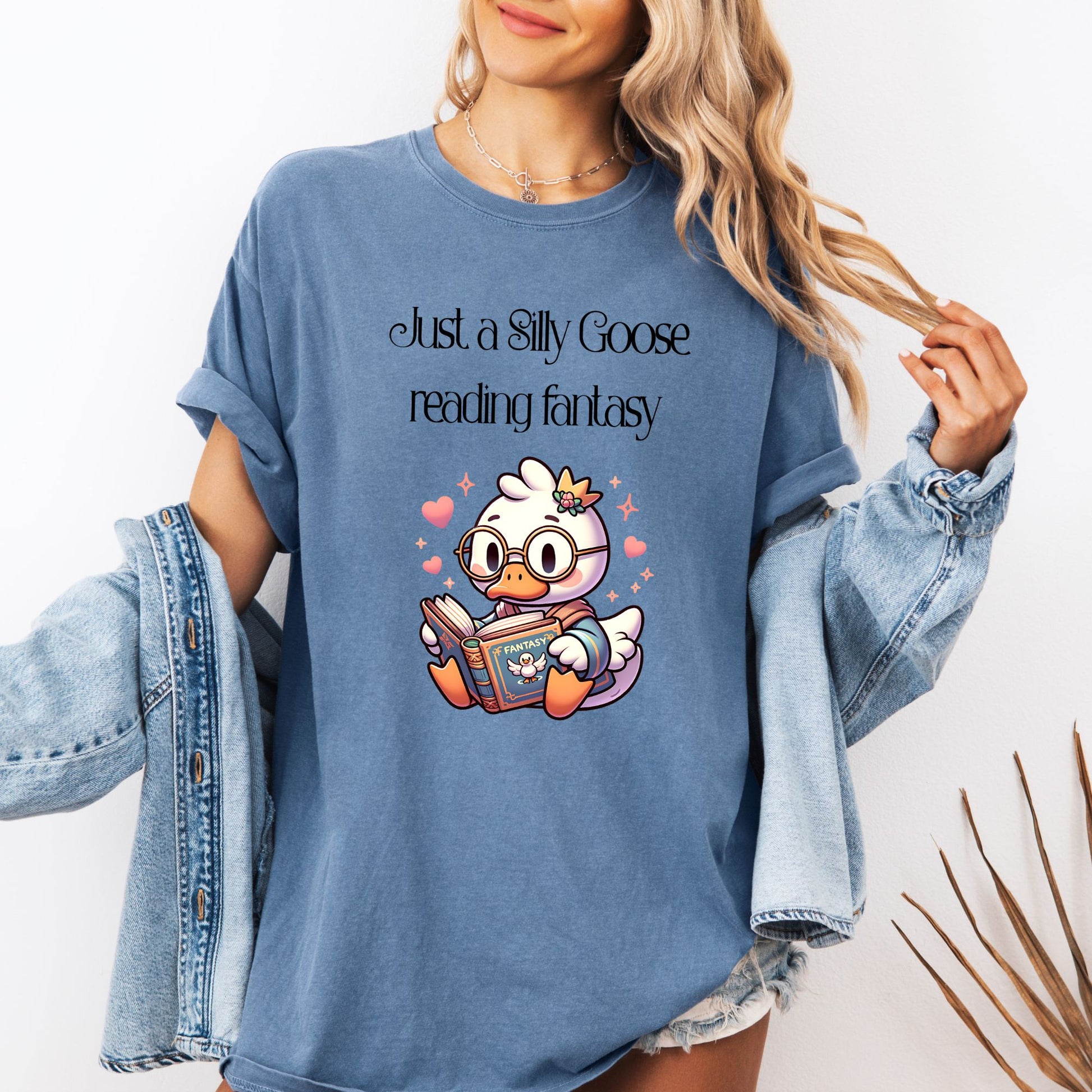 Silly Goose reading Fantasy Comfort Colors Blue Jean Bookish Shirt
