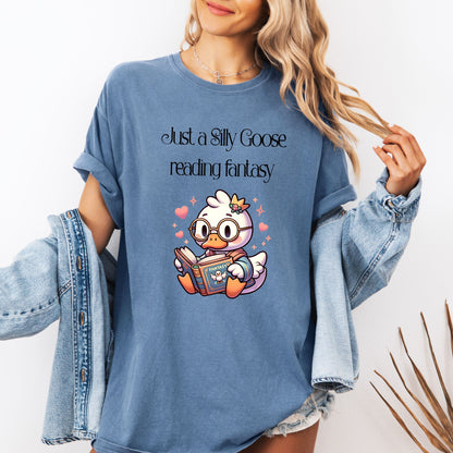 Silly Goose reading Fantasy Comfort Colors Blue Jean Bookish Shirt