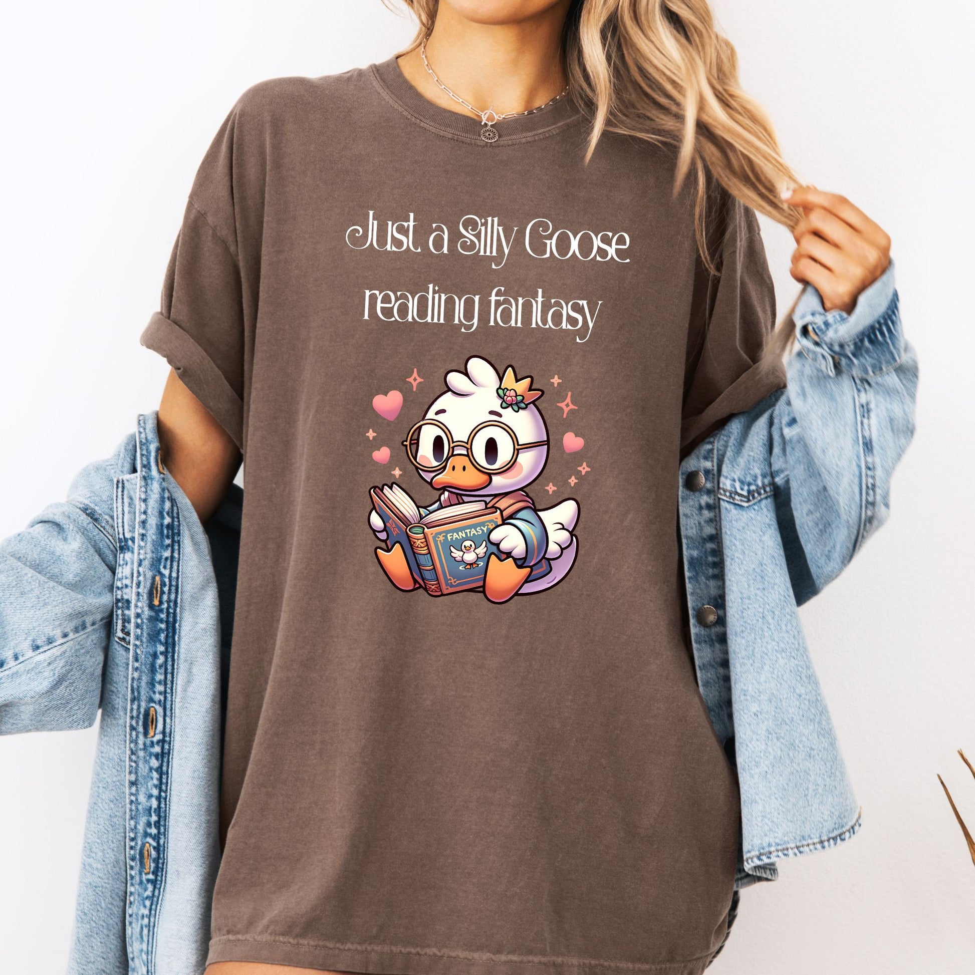 Silly Goose reading Fantasy Comfort Colors Espresso| Starlit Prose Bookish Shirt