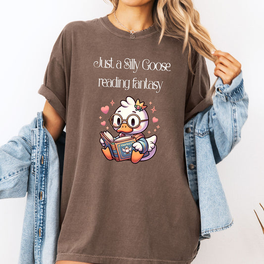 Silly Goose reading Fantasy Comfort Colors Espresso| Starlit Prose Bookish Shirt
