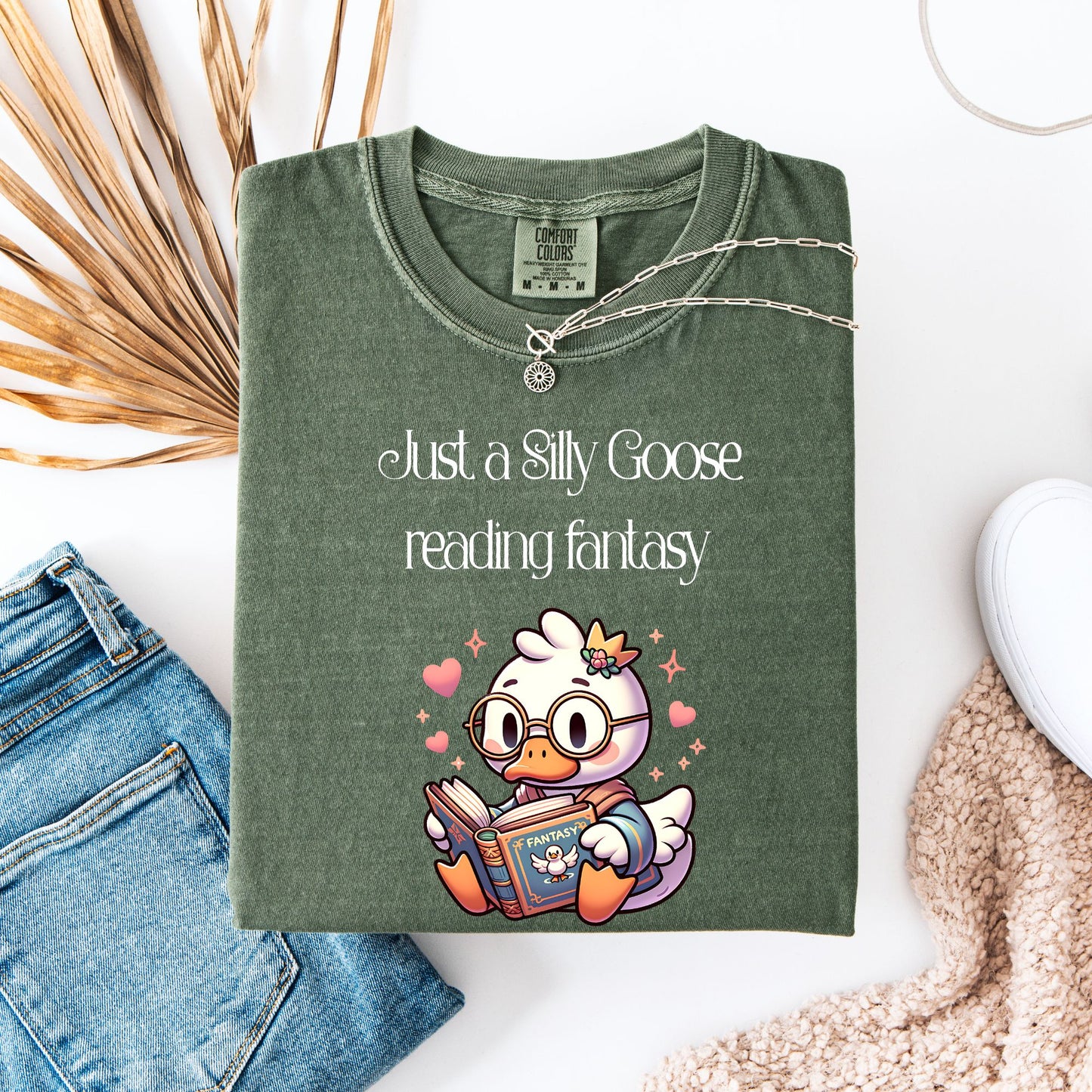 Silly Goose reading Fantasy Comfort Colors Moss| Starlit Prose Bookish Shirt