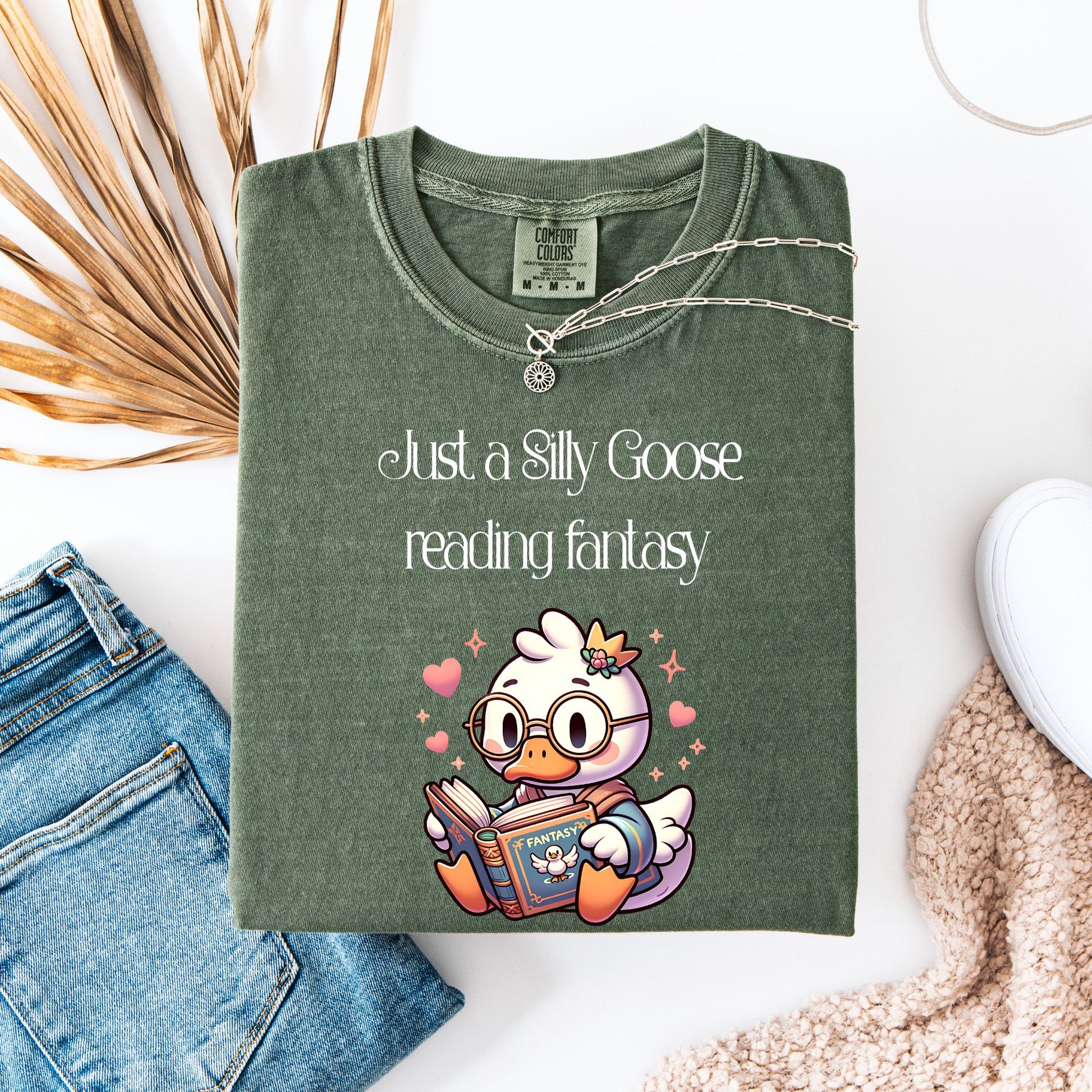 Silly Goose reading Fantasy Comfort Colors Moss| Starlit Prose Bookish Shirt