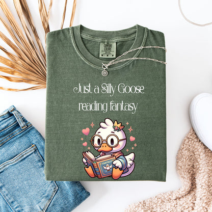 Silly Goose reading Fantasy Comfort Colors Moss| Starlit Prose Bookish Shirt