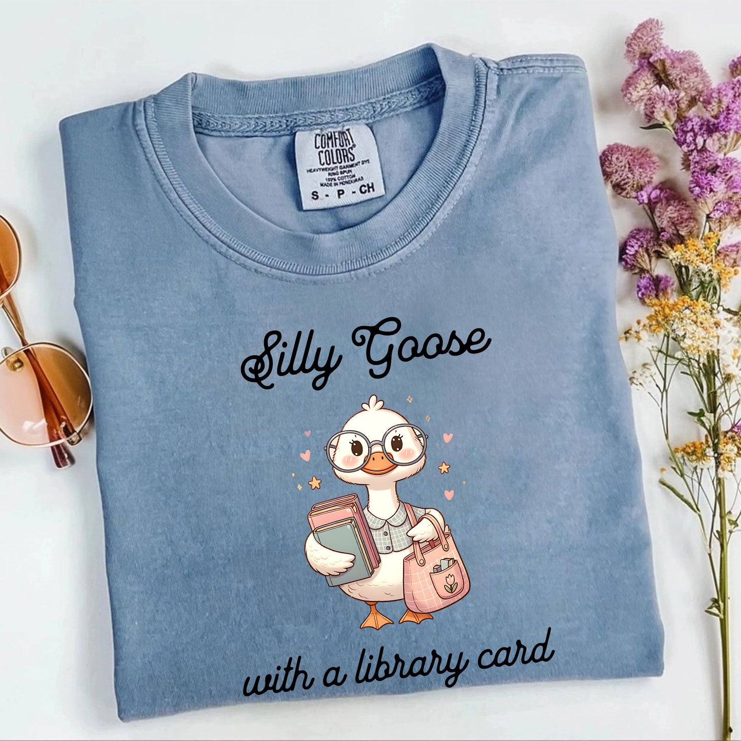 Silly Goose with a Library Card Blue Jean Comfort Colors Bookish Shirt | Starlit Prose Bookish Merch Australia