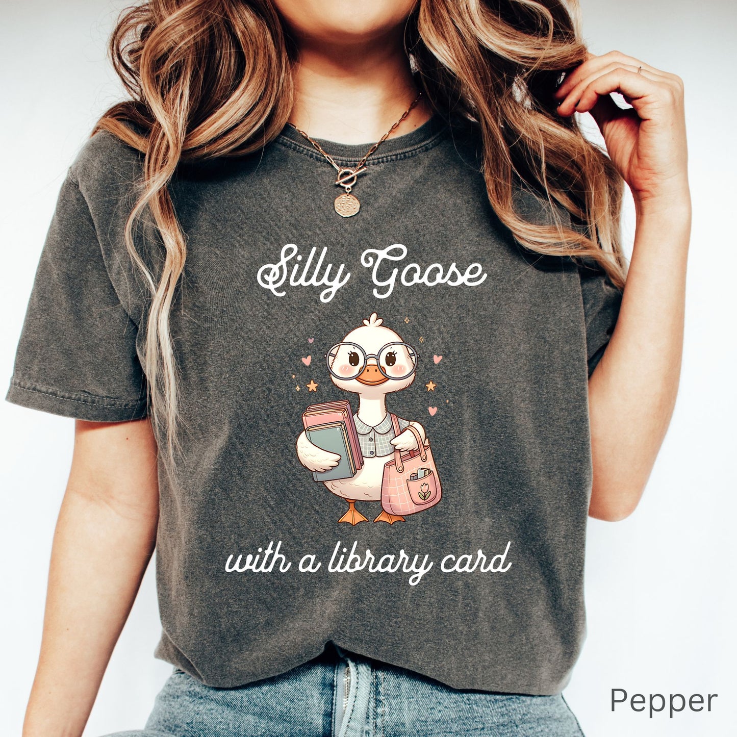Silly Goose with a Library Card Pepper Comfort Colors Bookish Shirt | Starlit Prose Bookish Merch Australia