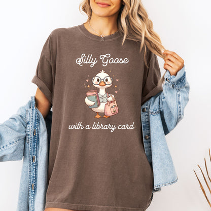 Silly Goose with a Library Card Espresso Comfort Colors Bookish Shirt | Starlit Prose Bookish Merch Australia
