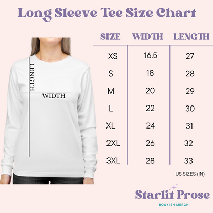 Long Sleeve Tee Size Chart with a person wearing a white long sleeve shirt and measurement details.