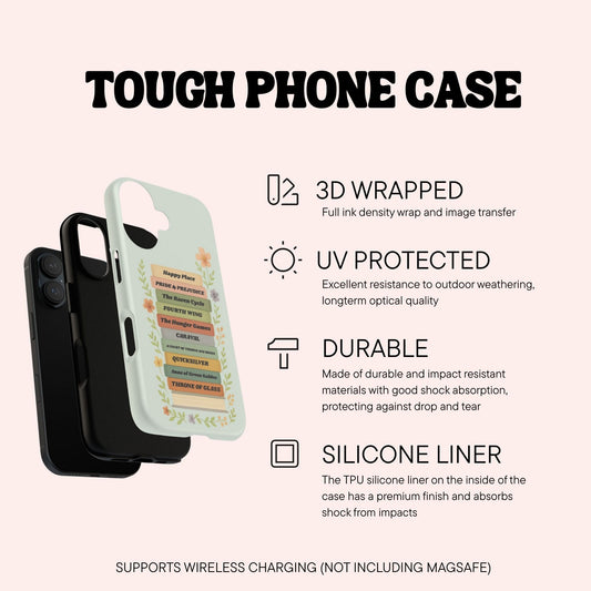 Personalised Bookshelf tough phone case case with features outlined here | Starlit Prose bookish merch