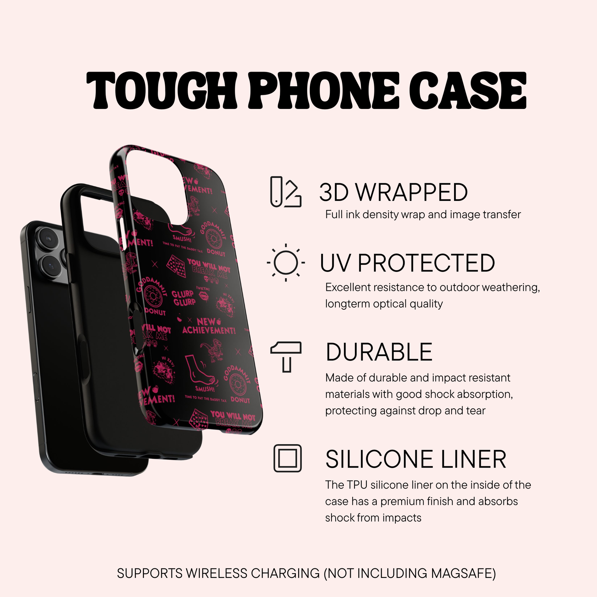 Tough phone case with features listed on a white background