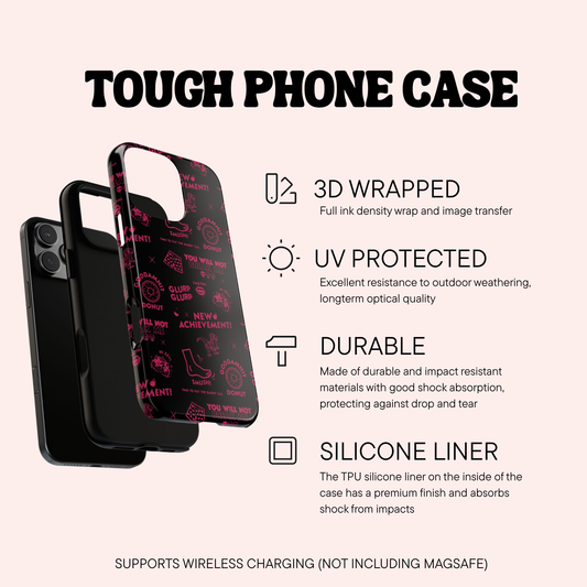 Tough phone case with features listed on a white background