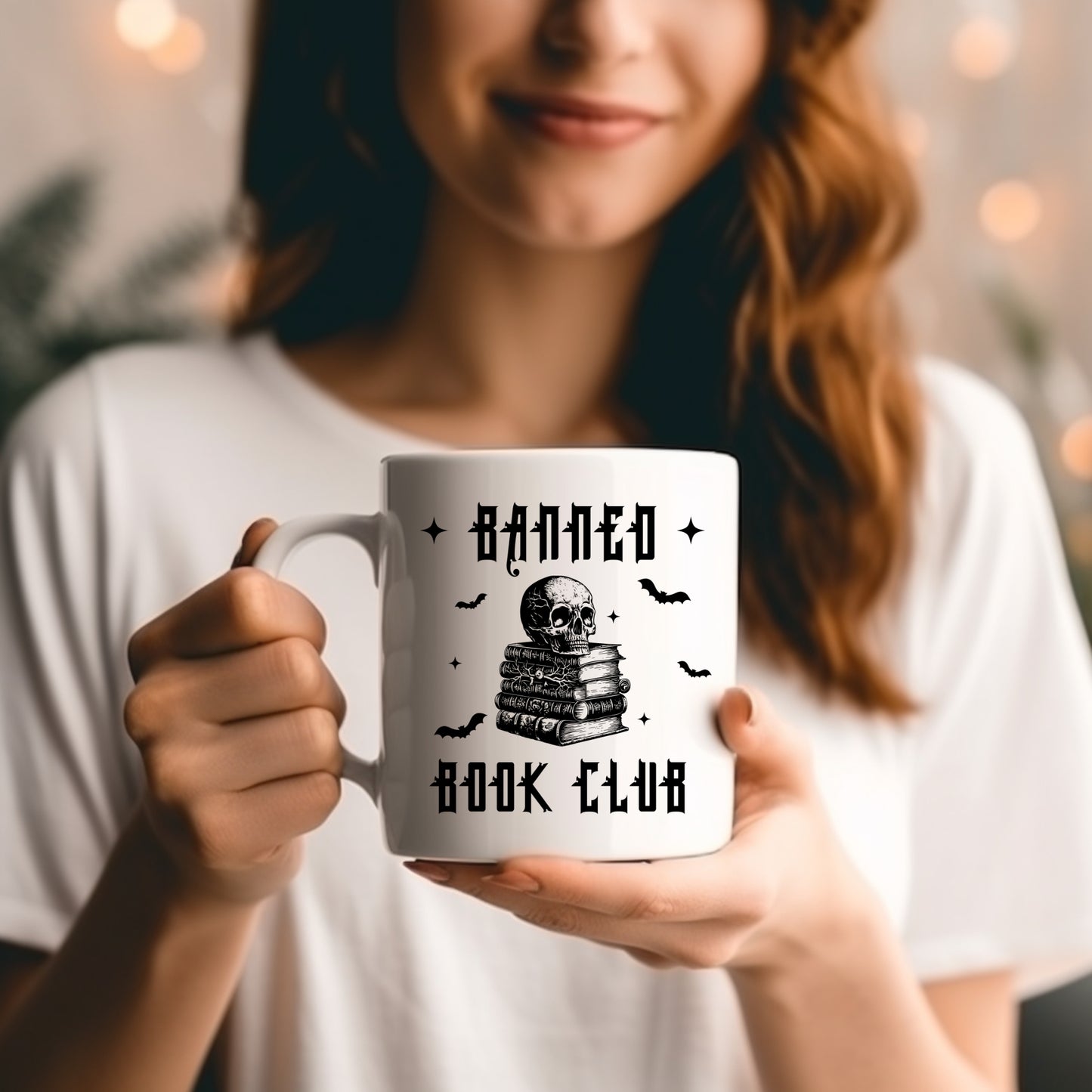 Woman holding the Banned Book Club Mug | Bookish Halloween | Ink & Stories