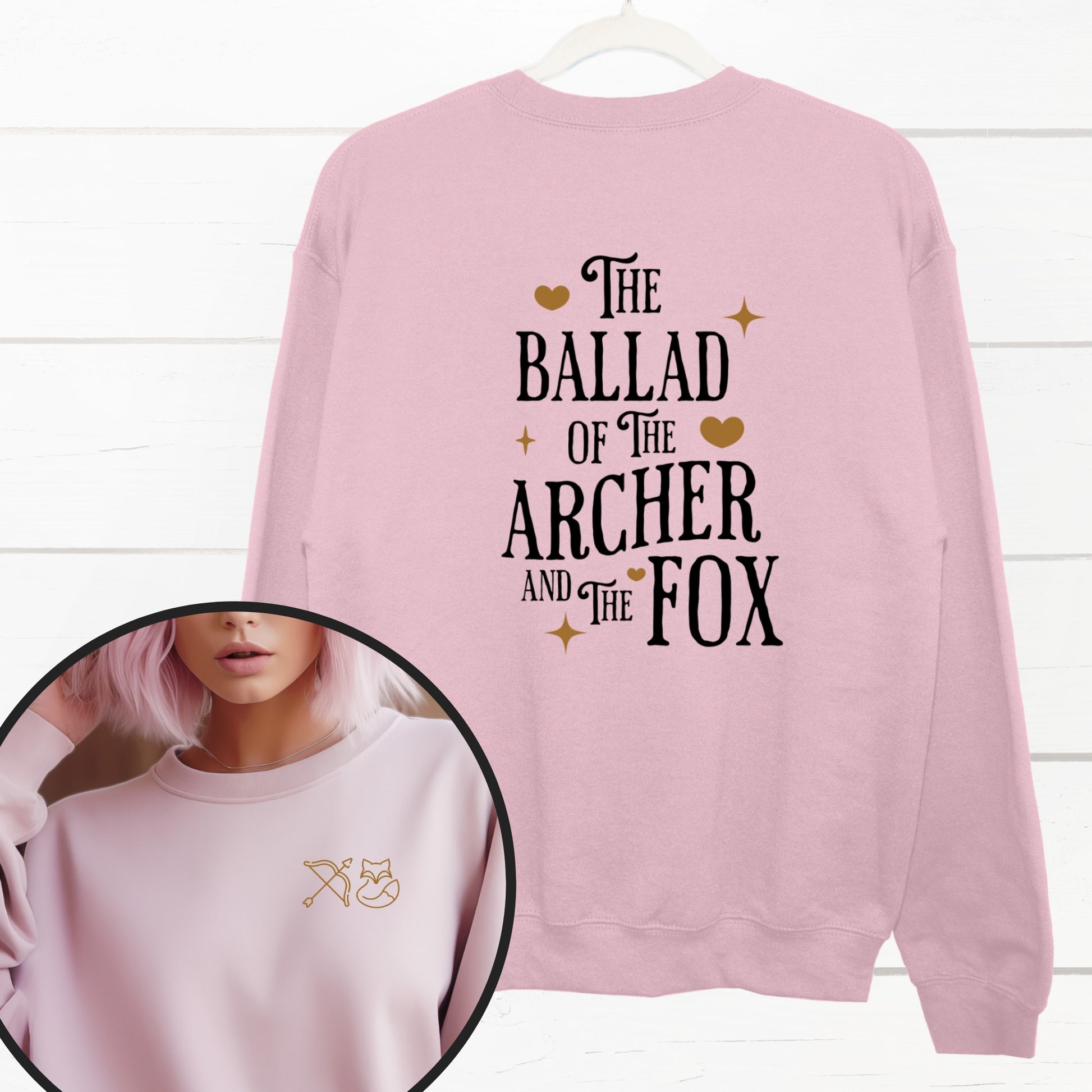The Ballad of the Archer and the Fox Pink Front and Back Sweatshirt | Once upon a Broken Heart merch | Ink and Stories bookish Merch Australia