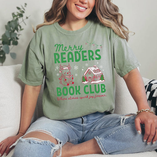 Video compilation of the various colour options for the Merry Readers Book Club Comfort Colors Tee by Starlit Prose Bookish Merch Australia