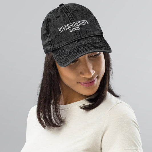 Nancy Drew vintage distressed style embroidered cap features “River Heights, Illinois” alongside a magnifying glass. Designed by Starlit Prose Bookish Merch Australia.