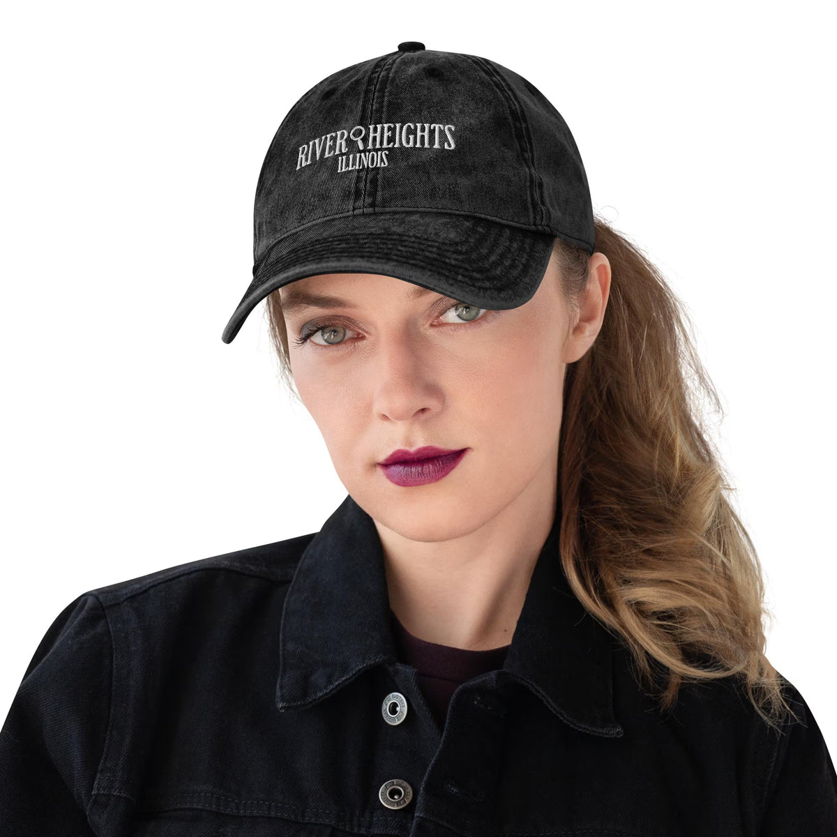 Nancy Drew vintage distressed style embroidered cap features “River Heights, Illinois” alongside a magnifying glass. Designed by Starlit Prose Bookish Merch Australia.