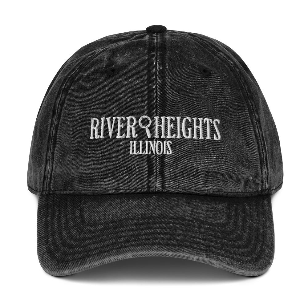 Nancy Drew vintage distressed style embroidered cap features “River Heights, Illinois” alongside a magnifying glass. Designed by Starlit Prose Bookish Merch Australia.