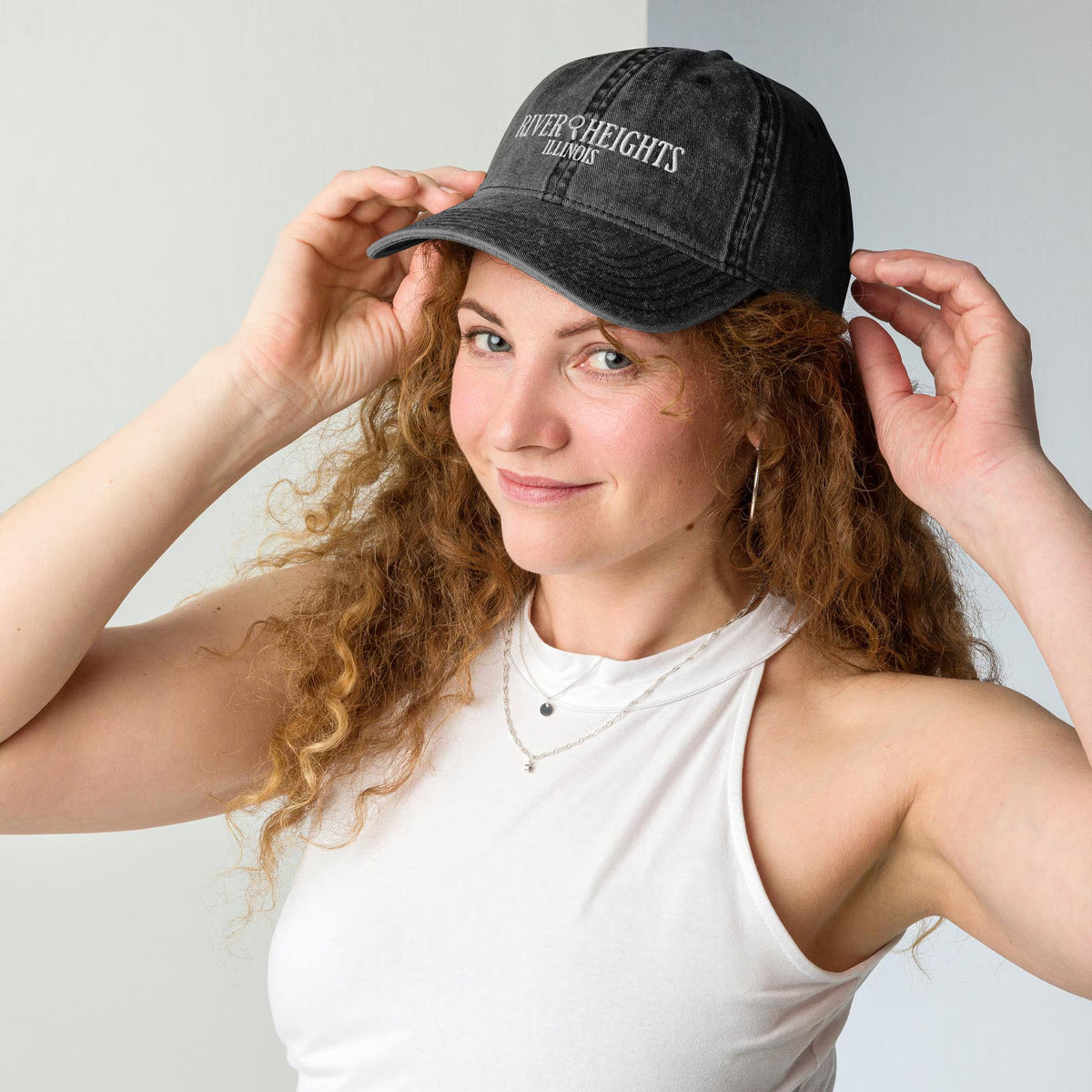 Nancy Drew vintage distressed style embroidered cap features “River Heights, Illinois” alongside a magnifying glass. Designed by Starlit Prose Bookish Merch Australia.