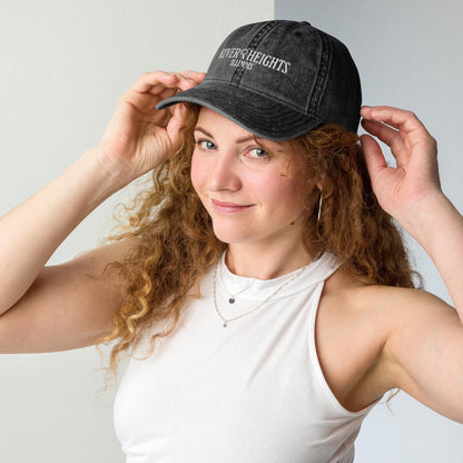 Nancy Drew vintage distressed style embroidered cap features “River Heights, Illinois” alongside a magnifying glass. Designed by Starlit Prose Bookish Merch Australia.