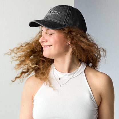 Nancy Drew vintage distressed style embroidered cap features “River Heights, Illinois” alongside a magnifying glass. Designed by Starlit Prose Bookish Merch Australia.
