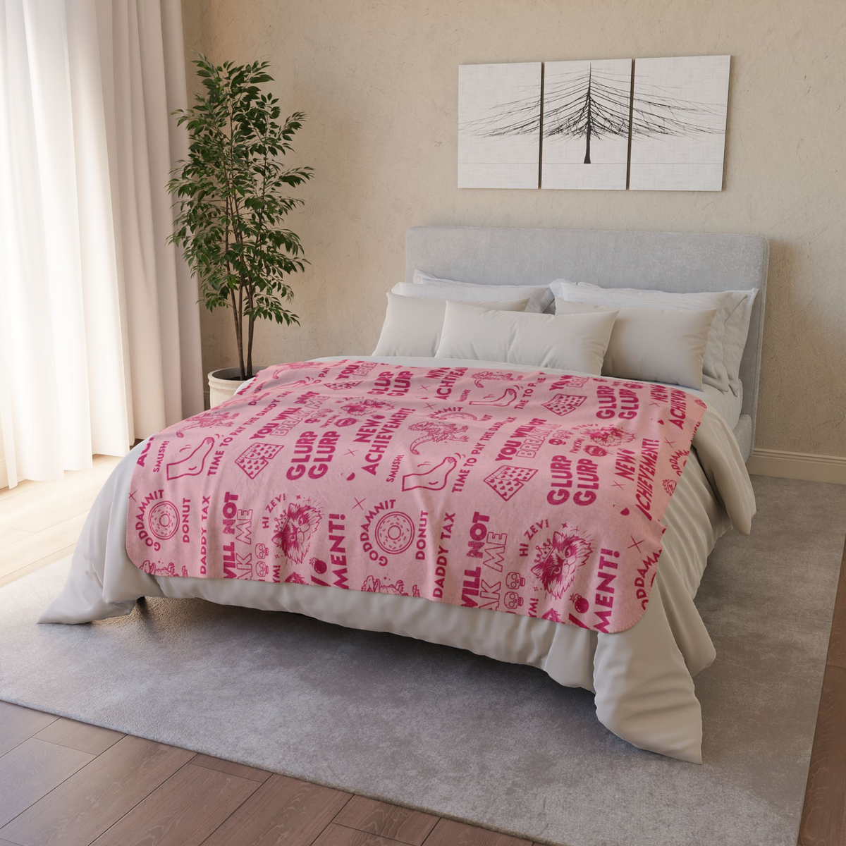 The blanket features a Dungeon Crawler Carl repeating dark pink collage design, with the words 'NEW ACHIEVEMENT!', 'GLURP GLURP', 'DADDY TAX', and various DCC designs included in a distressed design style. Designed by Starlit Prose Bookish Merch Australia