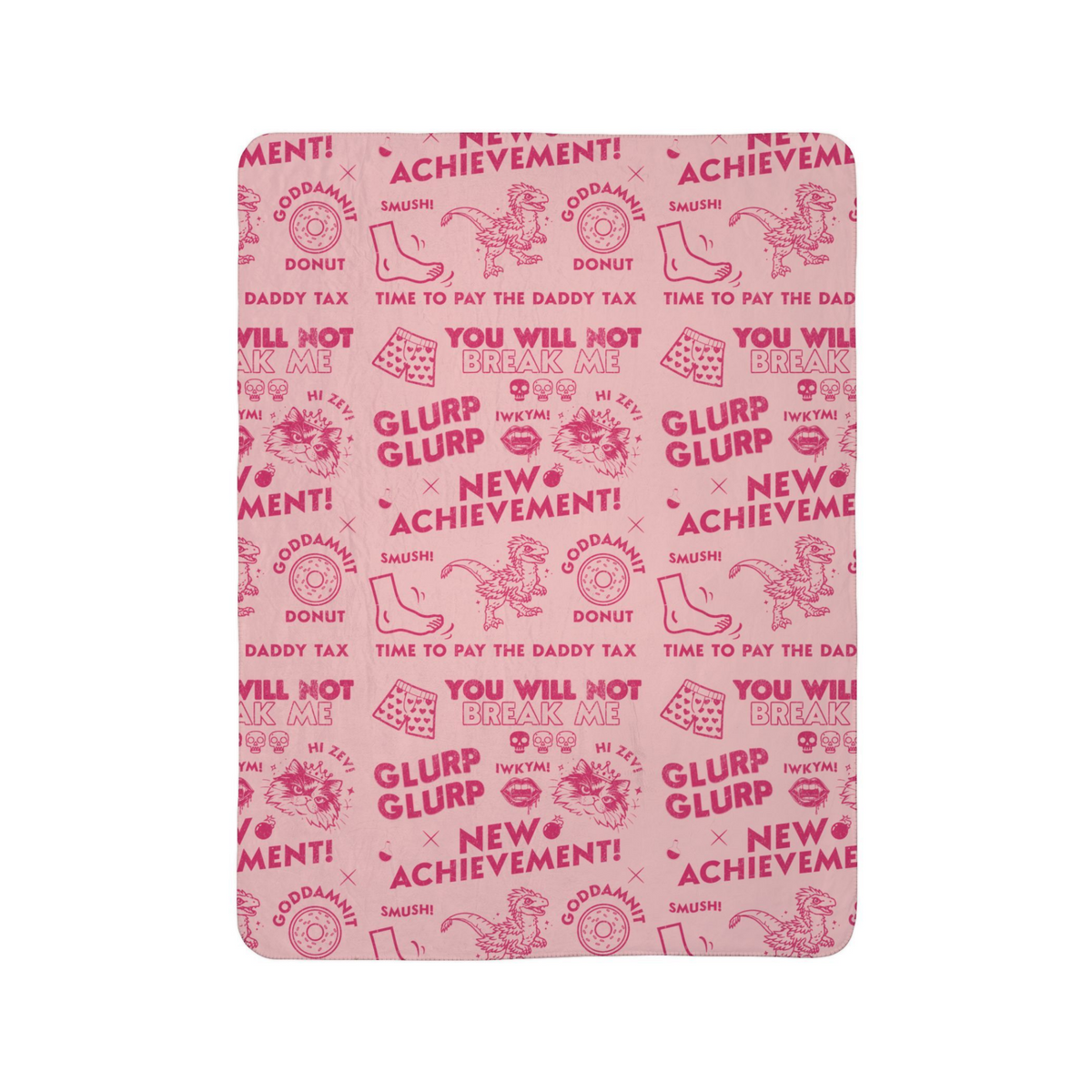 The blanket features a Dungeon Crawler Carl repeating dark pink collage design, with the words 'NEW ACHIEVEMENT!', 'GLURP GLURP', 'DADDY TAX', and various DCC designs included in a distressed design style. Designed by Starlit Prose Bookish Merch Australia