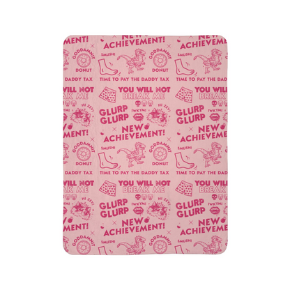 The blanket features a Dungeon Crawler Carl repeating dark pink collage design, with the words 'NEW ACHIEVEMENT!', 'GLURP GLURP', 'DADDY TAX', and various DCC designs included in a distressed design style. Designed by Starlit Prose Bookish Merch Australia