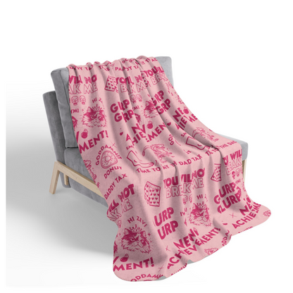 The blanket features a Dungeon Crawler Carl repeating dark pink collage design, with the words 'NEW ACHIEVEMENT!', 'GLURP GLURP', 'DADDY TAX', and various DCC designs included in a distressed design style. Designed by Starlit Prose Bookish Merch Australia