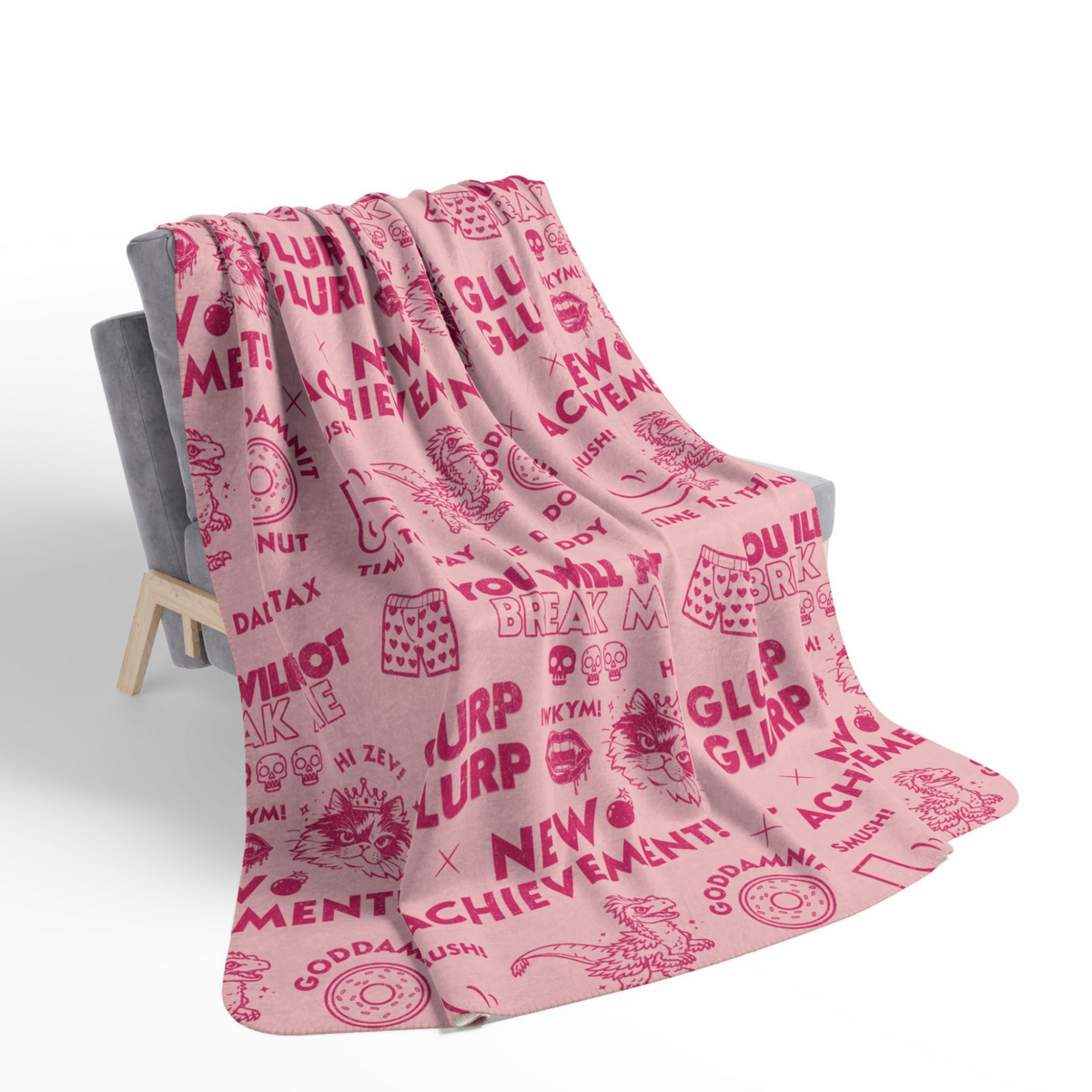 The blanket features a Dungeon Crawler Carl repeating dark pink collage design, with the words 'NEW ACHIEVEMENT!', 'GLURP GLURP', 'DADDY TAX', and various DCC designs included in a distressed design style. Designed by Starlit Prose Bookish Merch Australia