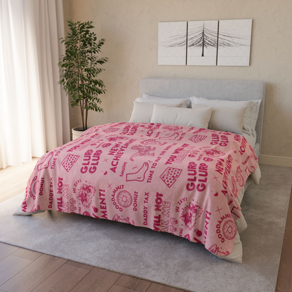 The blanket features a Dungeon Crawler Carl repeating dark pink collage design, with the words 'NEW ACHIEVEMENT!', 'GLURP GLURP', 'DADDY TAX', and various DCC designs included in a distressed design style. Designed by Starlit Prose Bookish Merch Australia