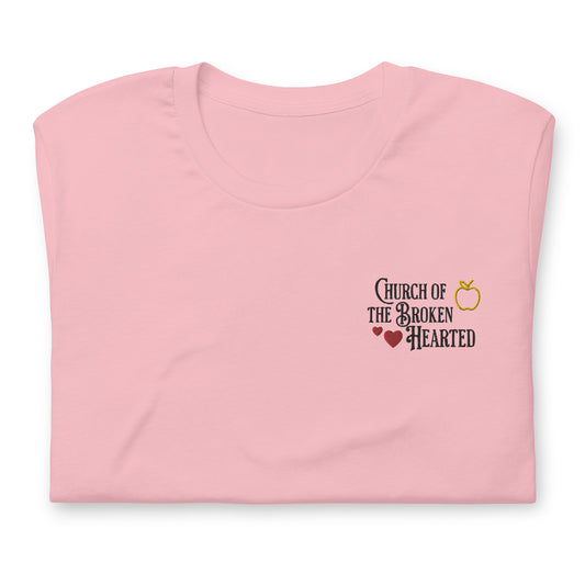 The Church of the Broken Hearted Embroidered Pocket Pink T-Shirt | Once upon a Broken Heart merch | Ink and Stories bookish merch