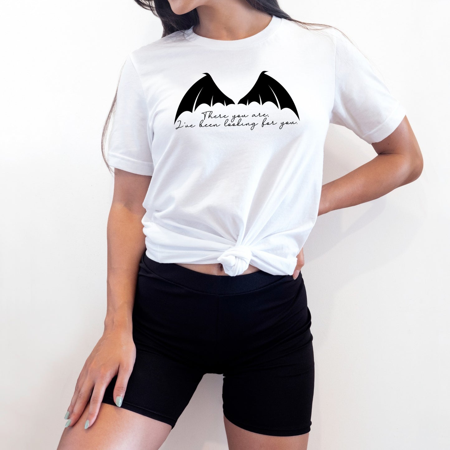 There you are Rhysand quote with bat wings white t-shirt model ink and stories