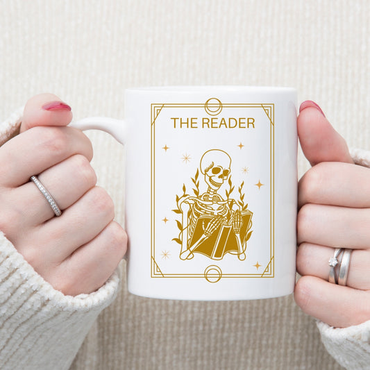 The Reader Tarot Card Bookish Mug mockup on plain white mug