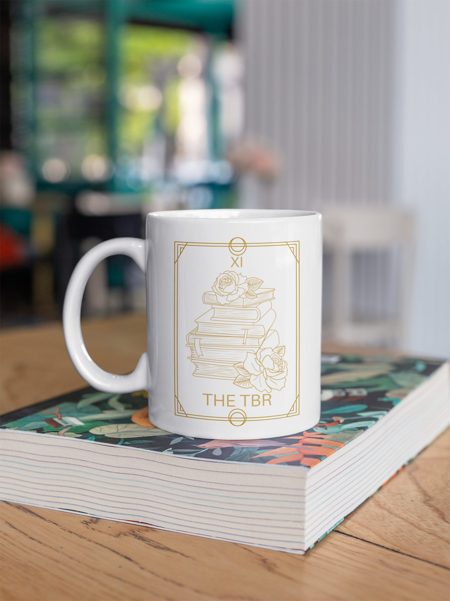 The TBR Tarot card Bookish White Mug Ink and Stories