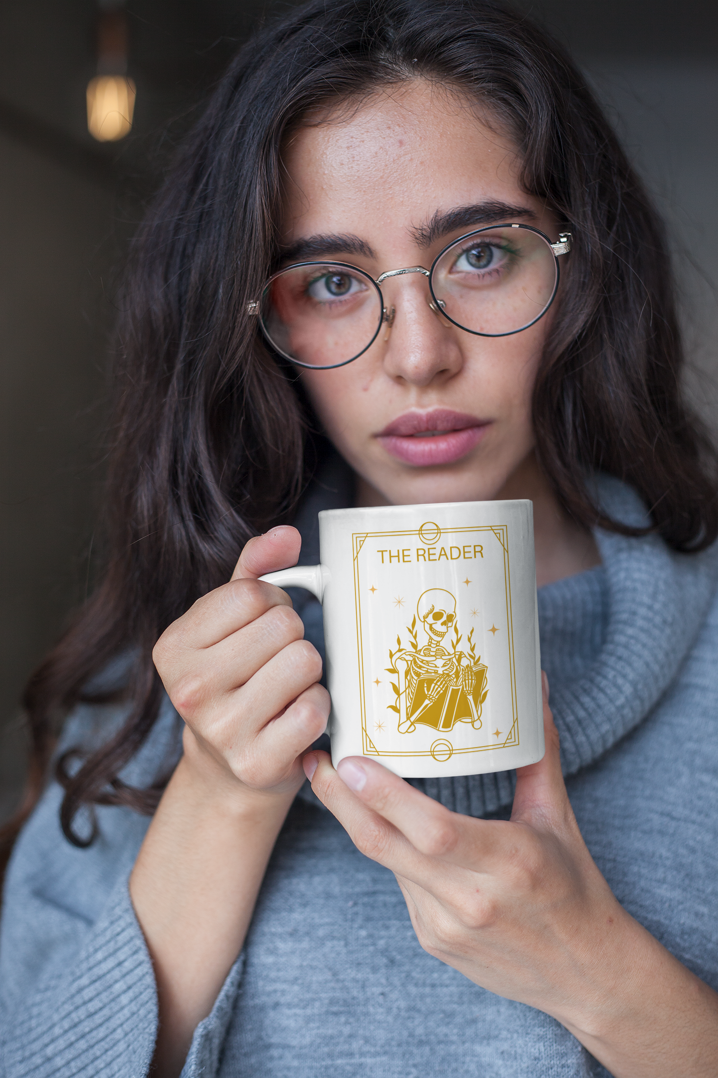 The Reader Tarot Card Bookish Mug Mockup Woman with round glasses