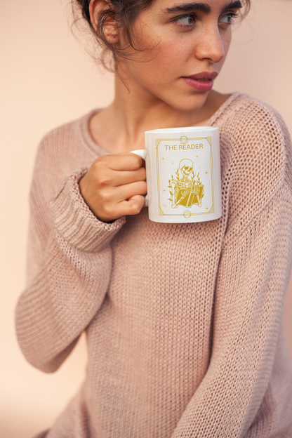 The Reader Tarot Card Bookish Mug mockup woman wearing sweater