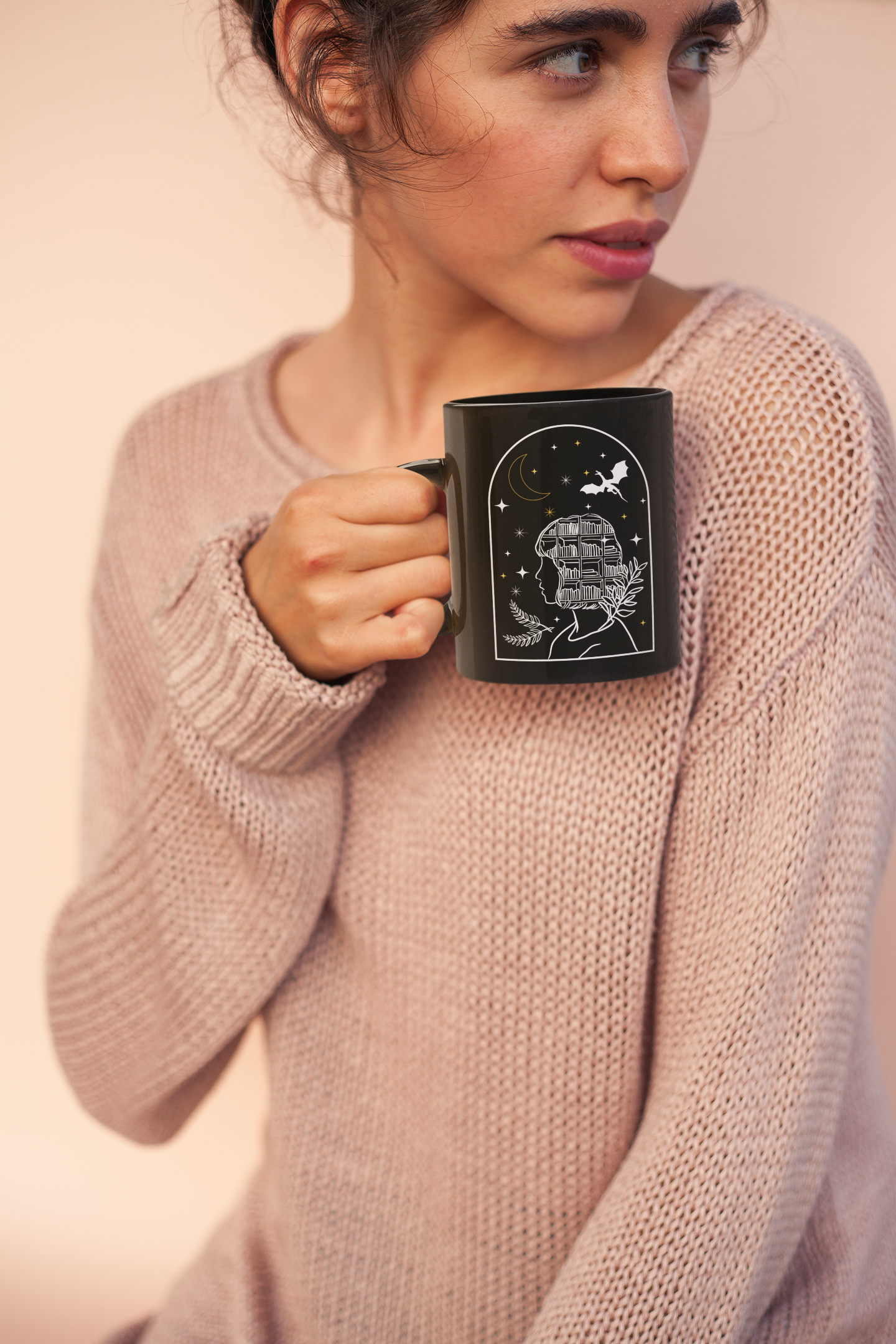 Bookish Fantasy Girl Black Mug Woman with sweatser| Booklover Gift