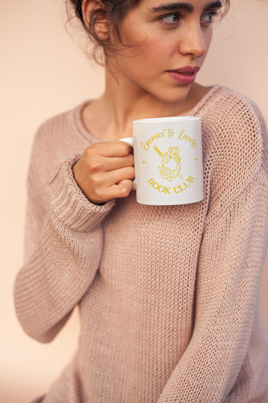 Enemies to Lovers Book Club Mug Woman with sweater holding mug| Booklover Gift