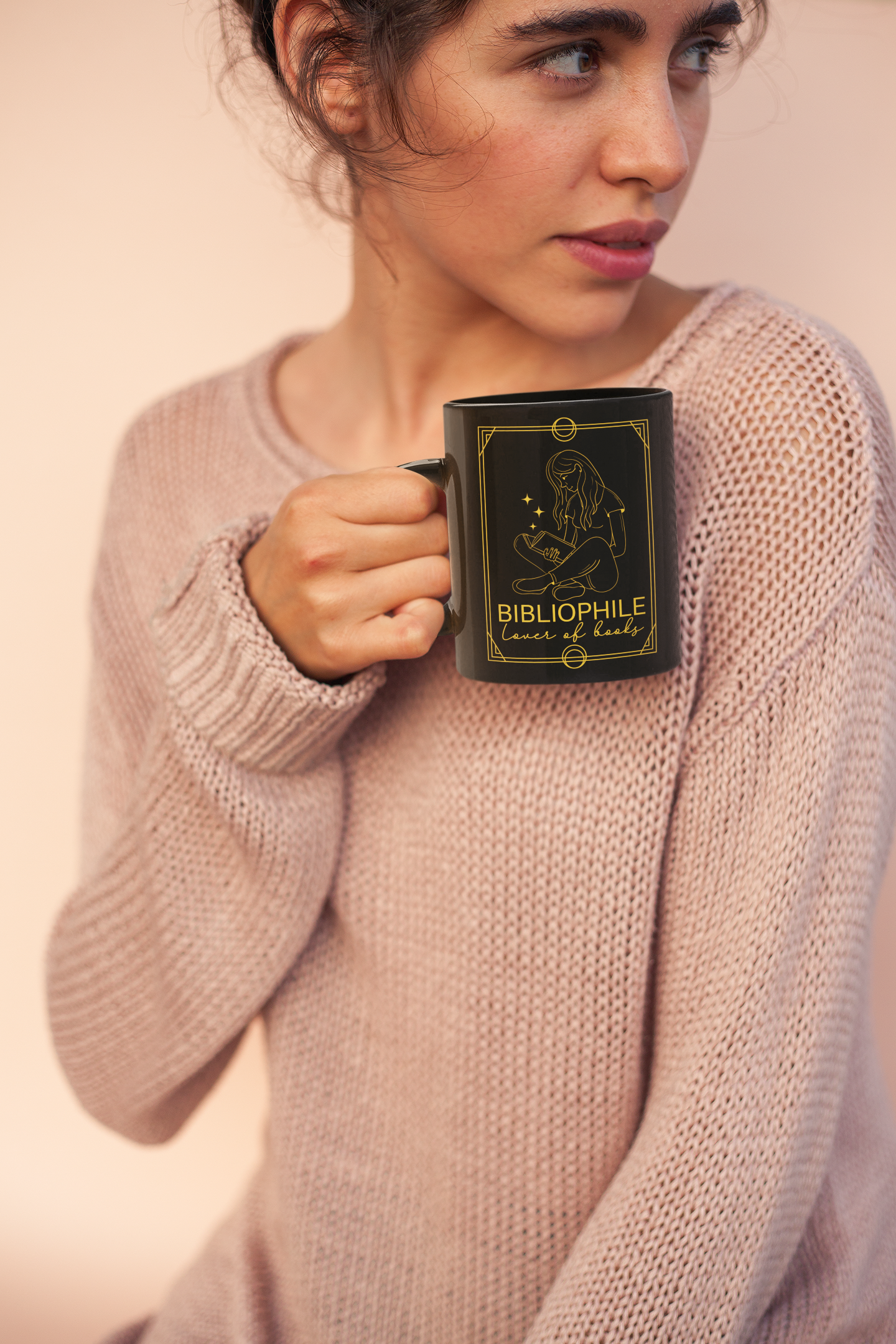 Bibliophile Tarot Card Bookish Black Mug mockup of woman in sweater holding mug | Booklover Gift