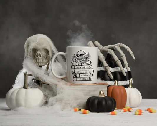 Horror book stack Mug Ink and Stories Halloween Mockup