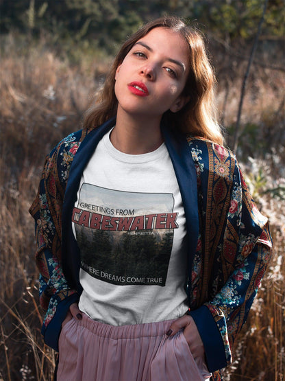 Cabeswater T-Shirt Raven Cycle White Ink and Stories mockup girl