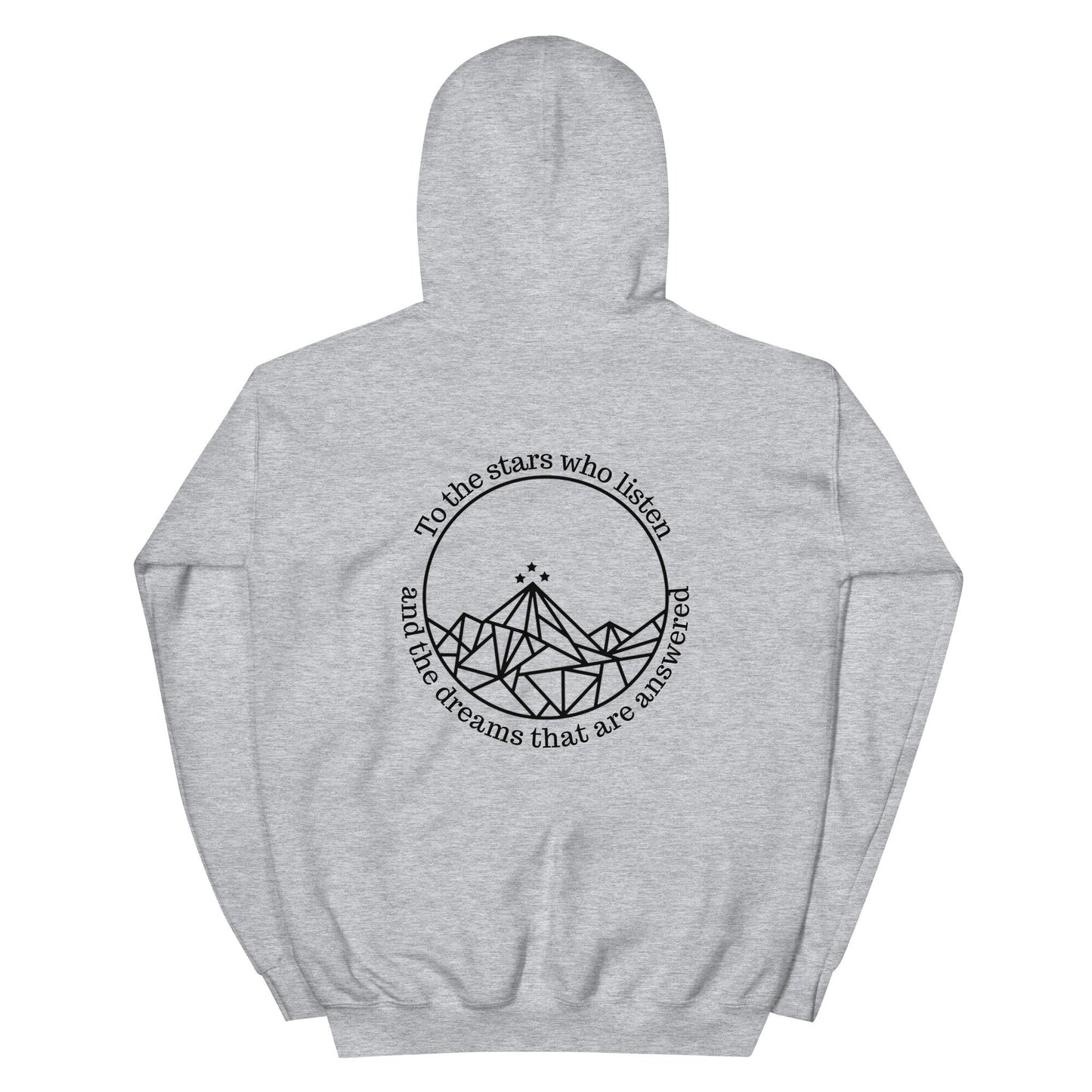 ACOTAR ACOSF Grey Hoodie Back image To the Stars quote with Night Court Mountains image 